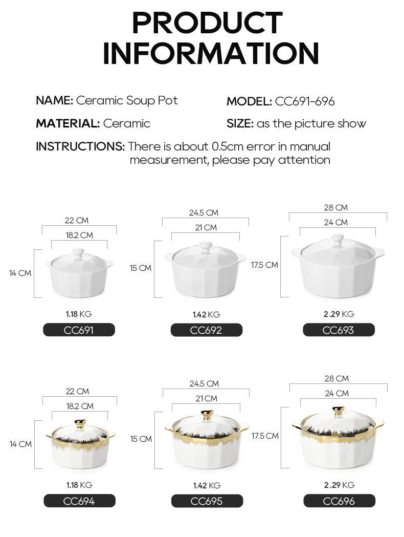 tamaño de olla de sopa de cerámica chapada en oro de lujo